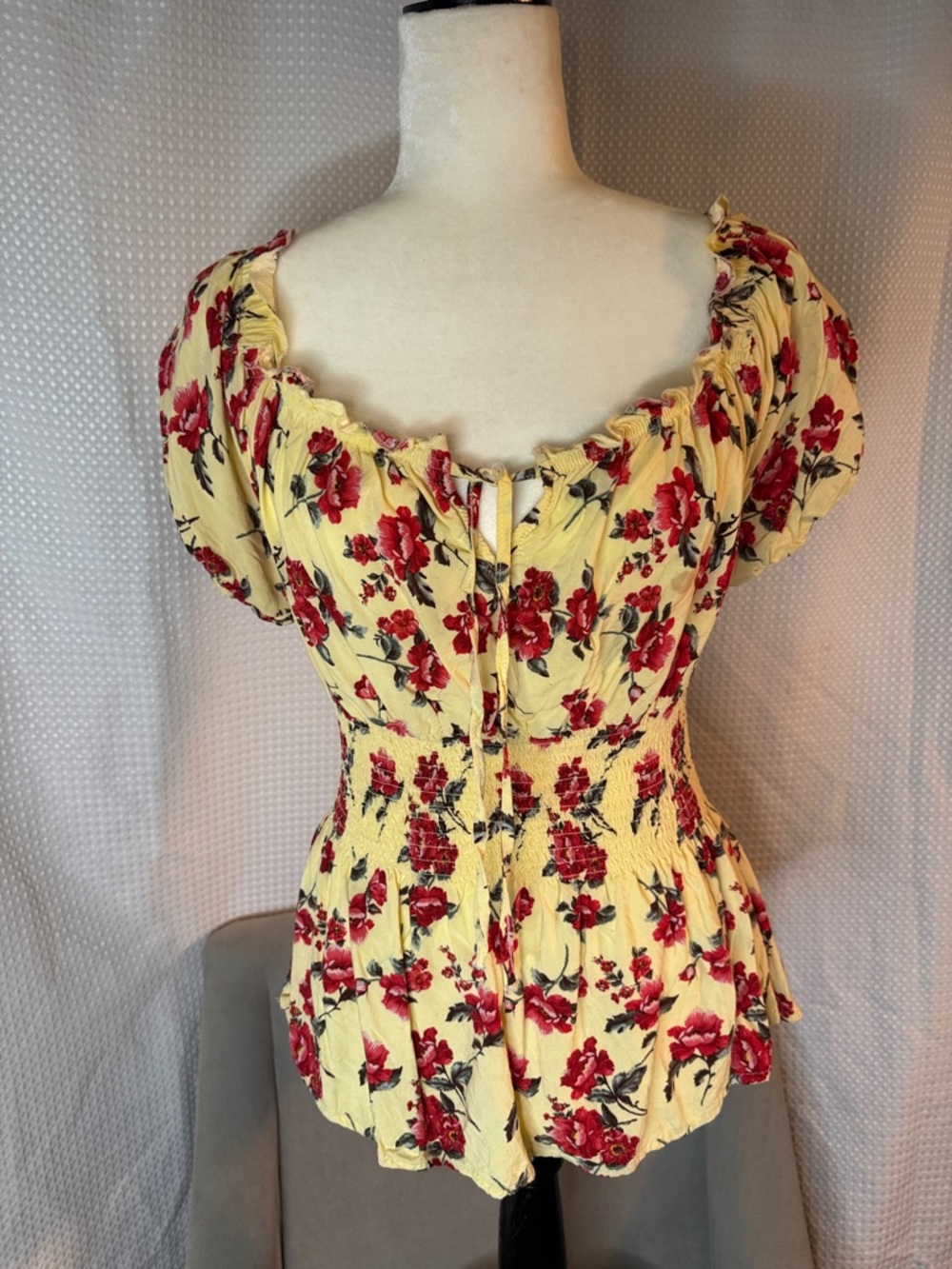 Almost Famous Yellow Floral Puff Sleeve Smocked Peplum Top